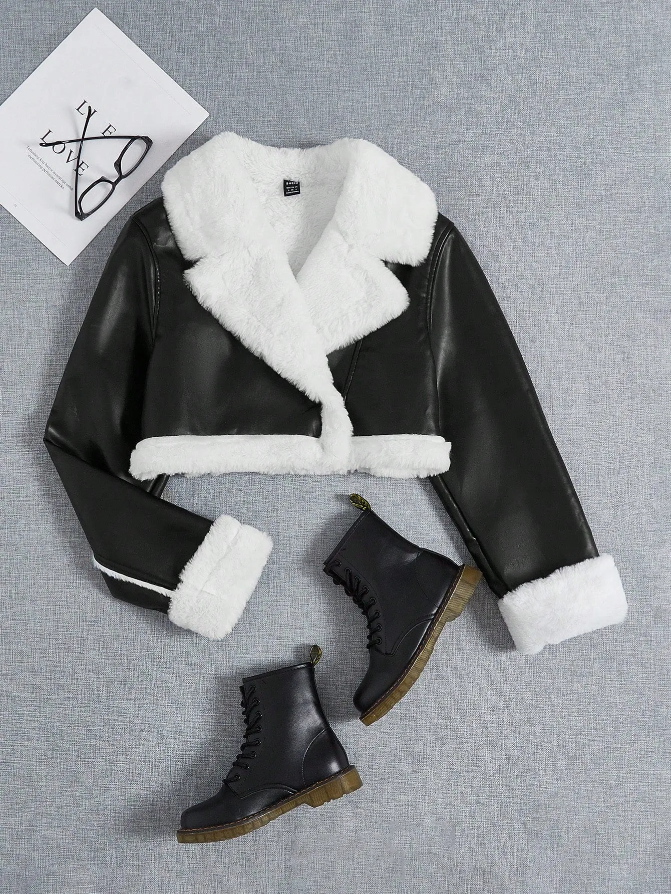 Women's Black PU Leather Crop Jacket with Teddy Lining and Zipper Pocket
