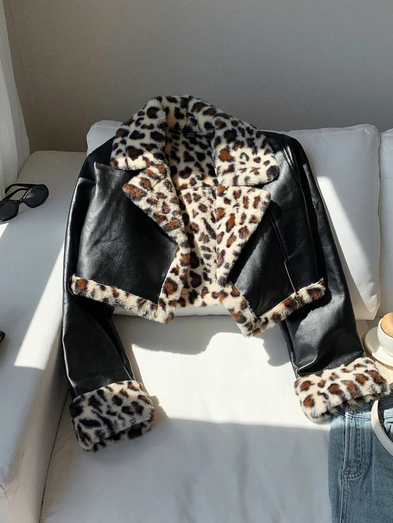 Women's Black PU Leather Crop Jacket with Teddy Lining and Zipper Pocket