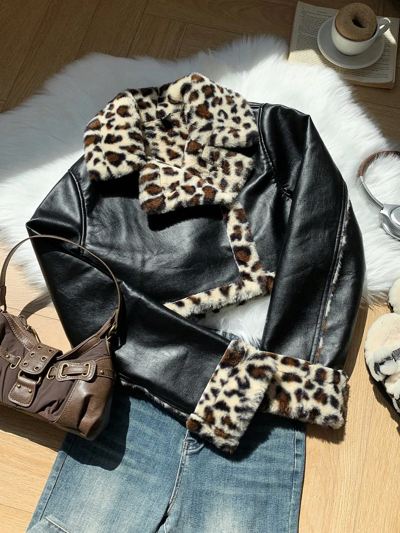 Women's Black PU Leather Crop Jacket with Teddy Lining and Zipper Pocket