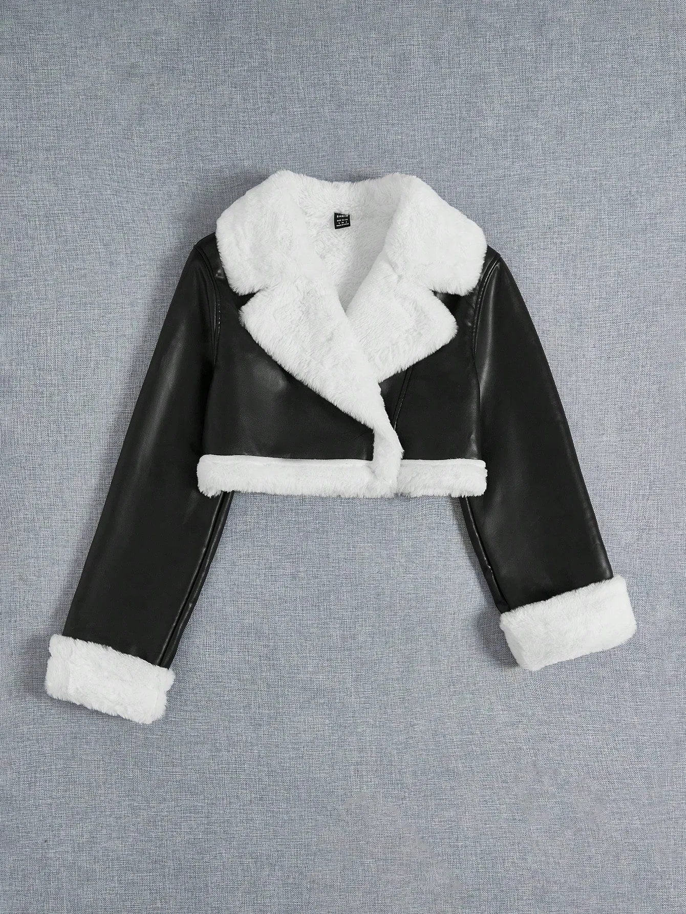 Women's Black PU Leather Crop Jacket with Teddy Lining and Zipper Pocket