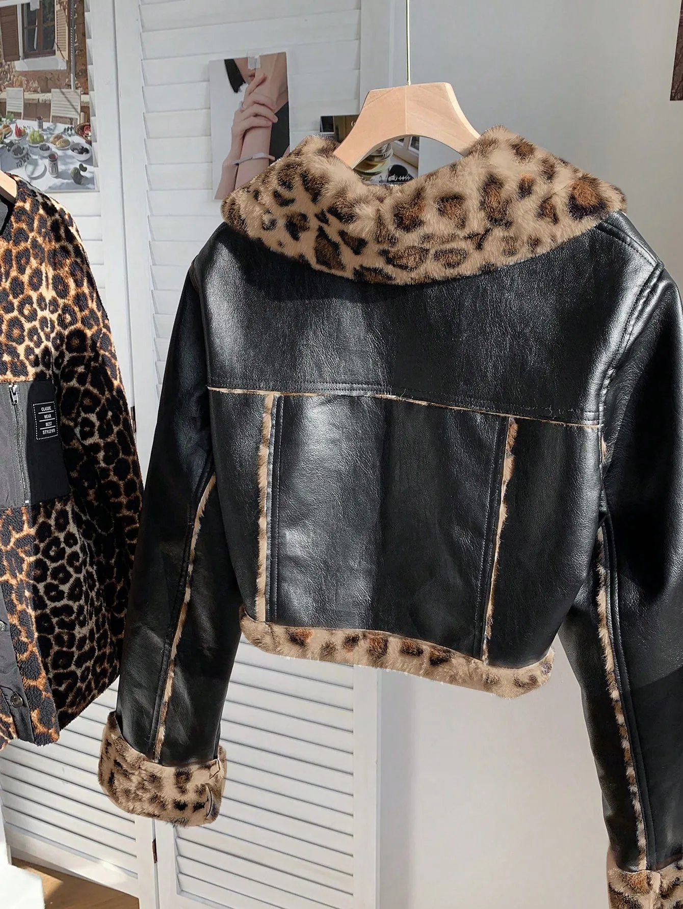 Women's Black PU Leather Crop Jacket with Teddy Lining and Zipper Pocket