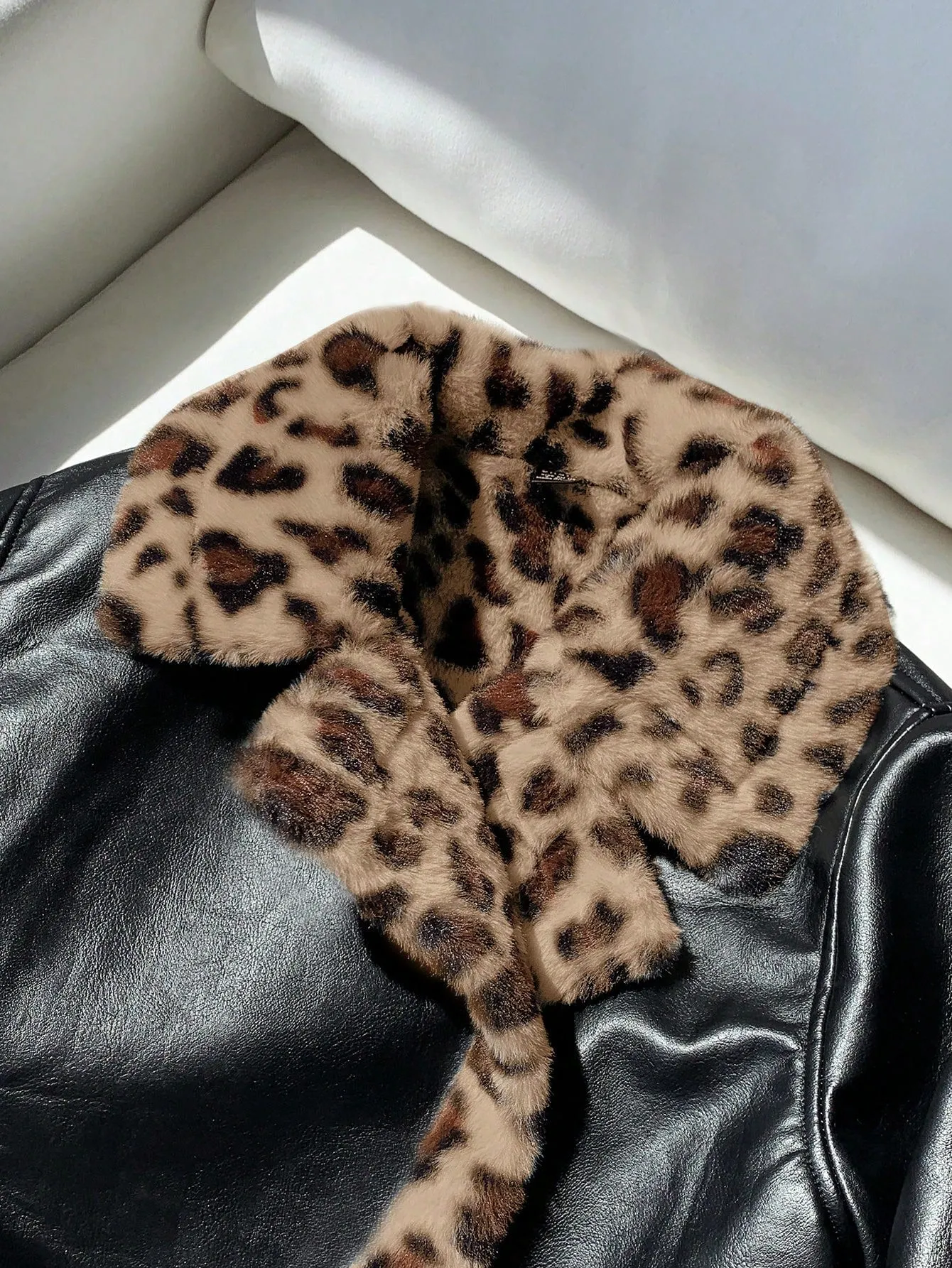 Women's Black PU Leather Crop Jacket with Teddy Lining and Zipper Pocket