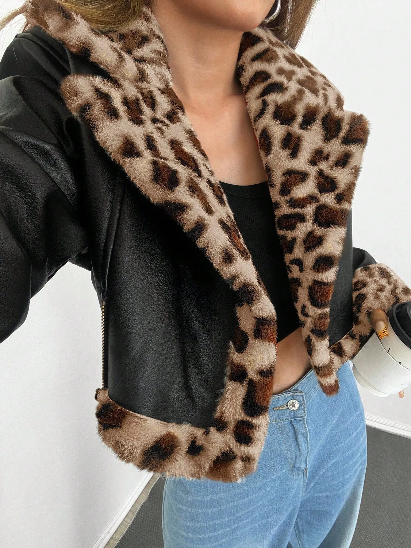Women's Black PU Leather Crop Jacket with Teddy Lining and Zipper Pocket