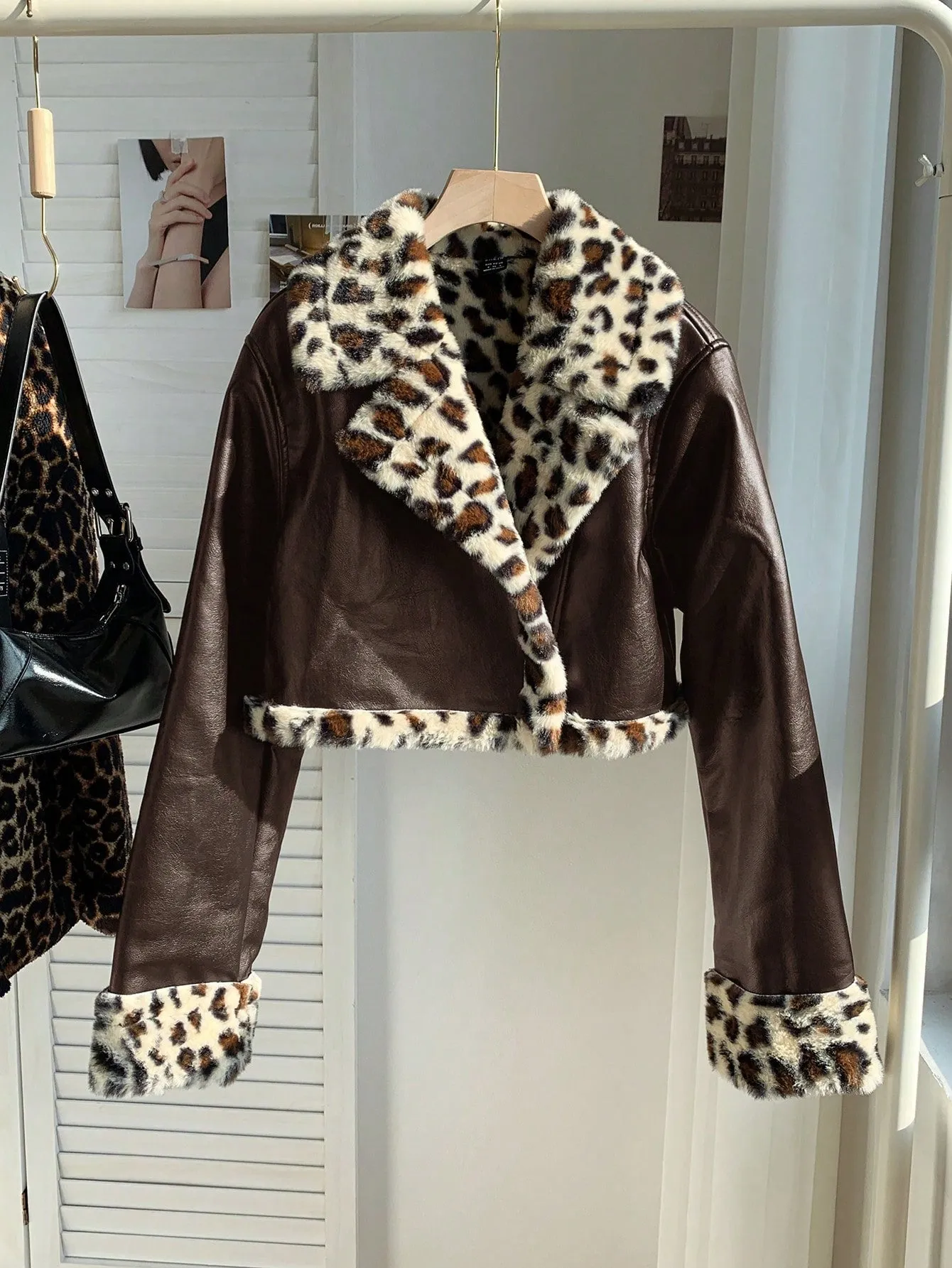 Women's Black PU Leather Crop Jacket with Teddy Lining and Zipper Pocket