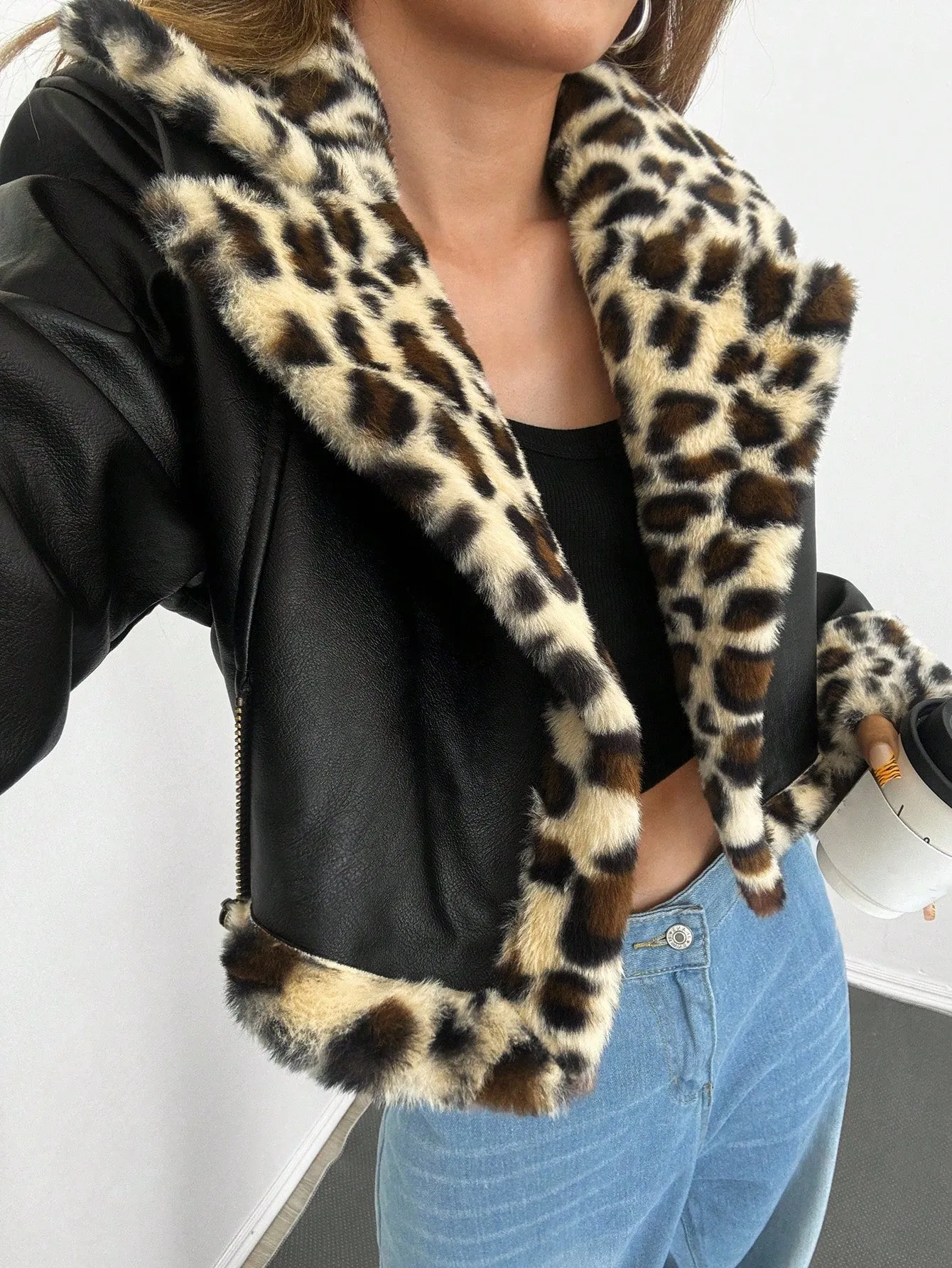 Women's Black PU Leather Crop Jacket with Teddy Lining and Zipper Pocket