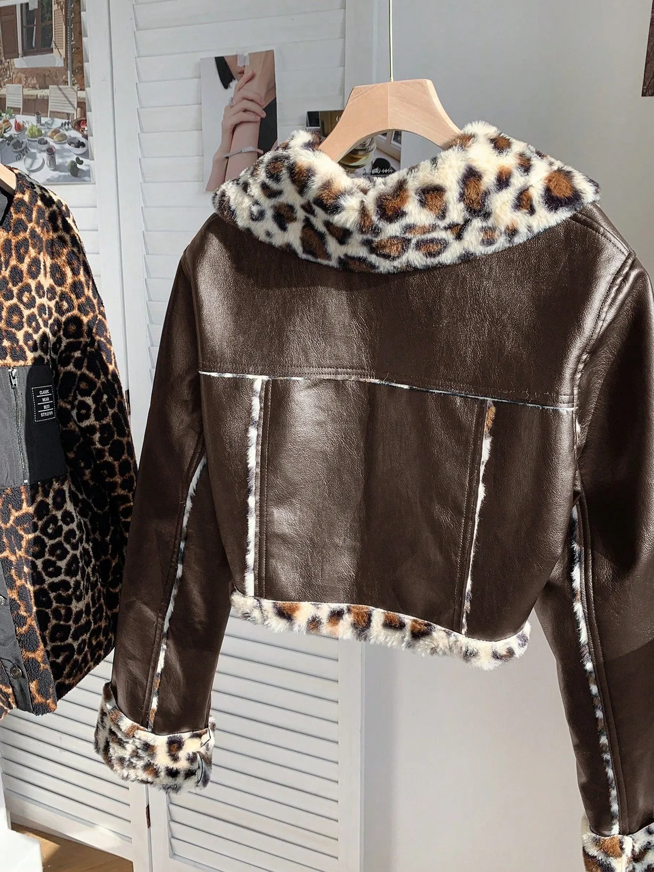 Women's Black PU Leather Crop Jacket with Teddy Lining and Zipper Pocket