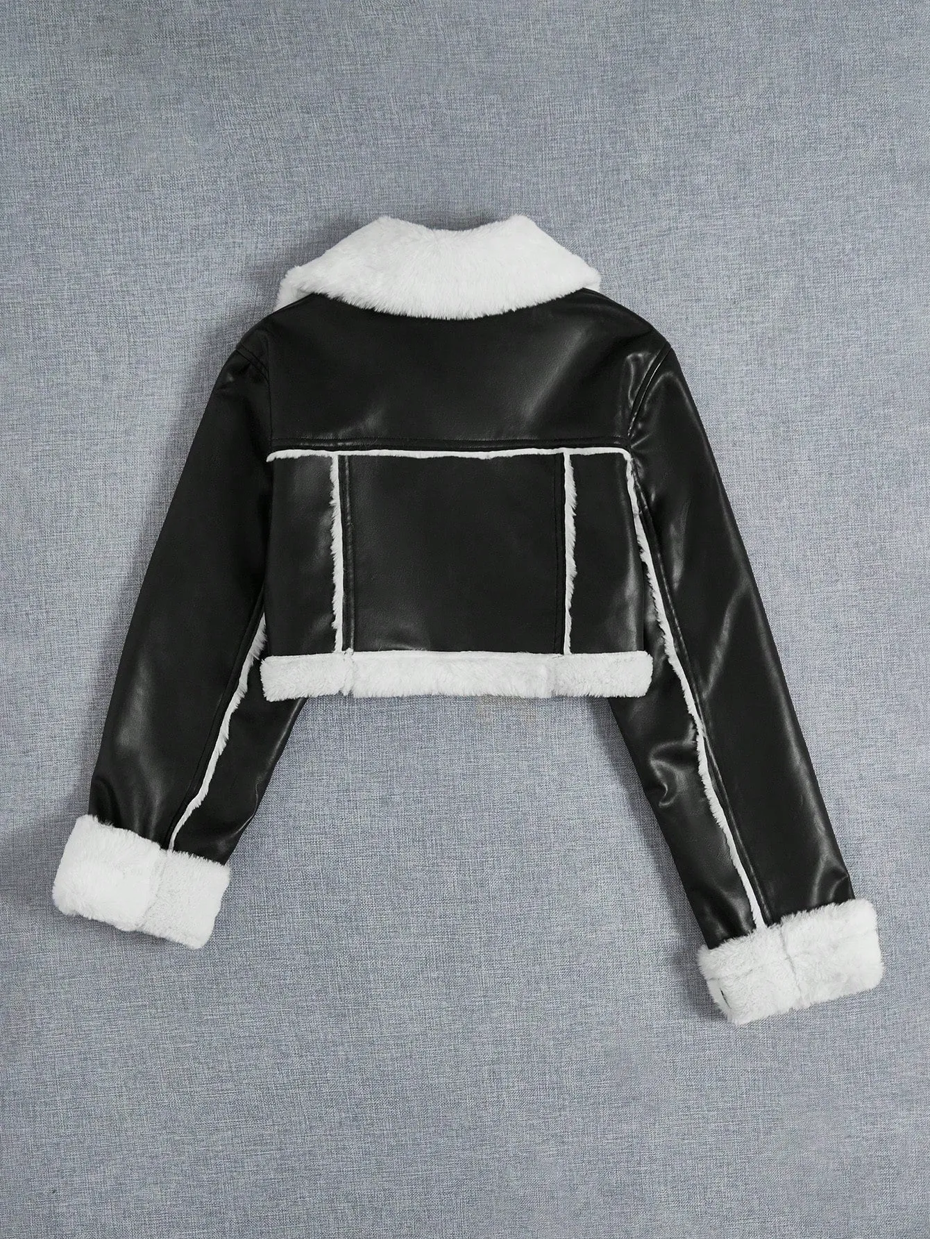 Women's Black PU Leather Crop Jacket with Teddy Lining and Zipper Pocket