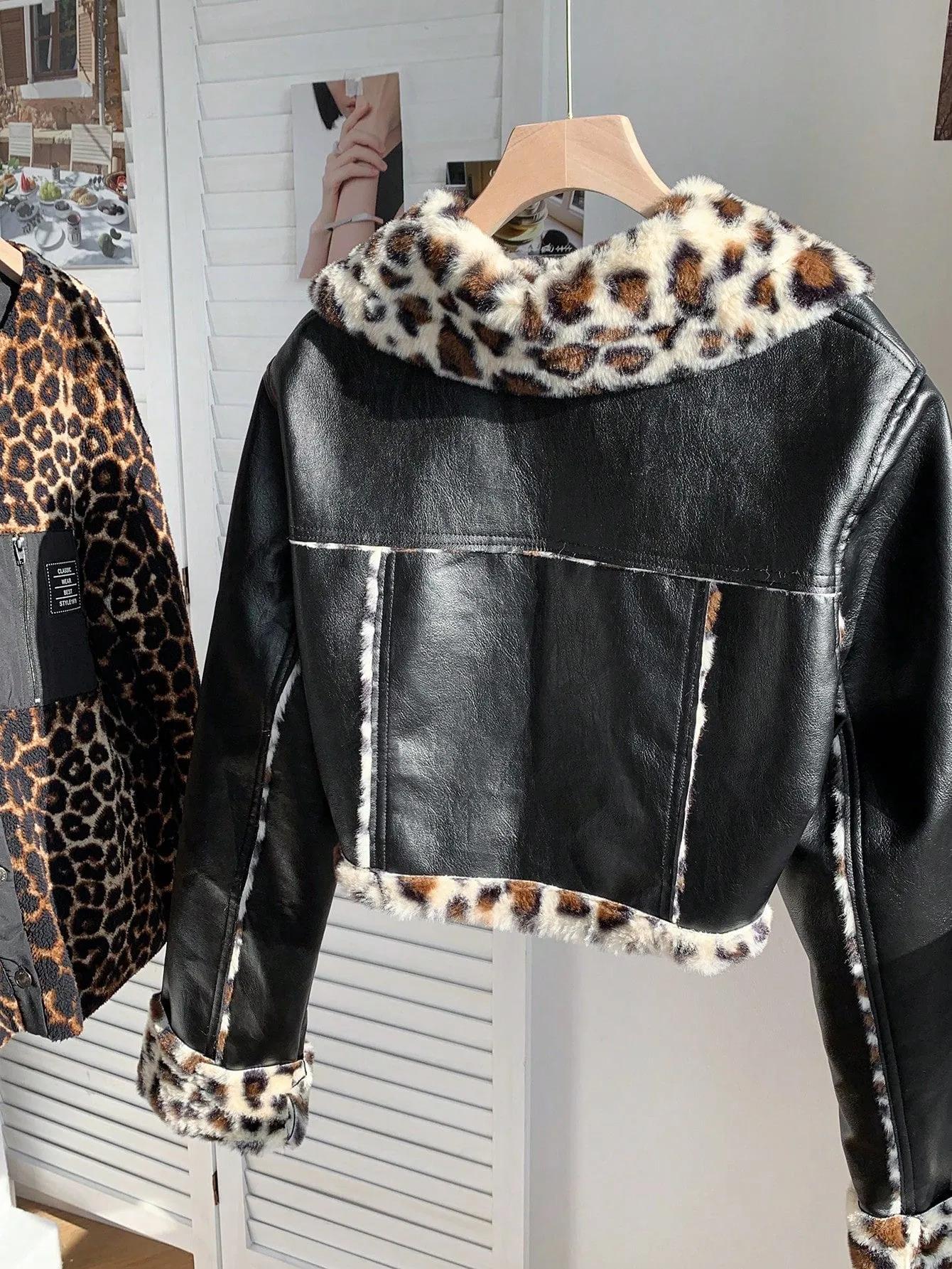 Women's Black PU Leather Crop Jacket with Teddy Lining and Zipper Pocket