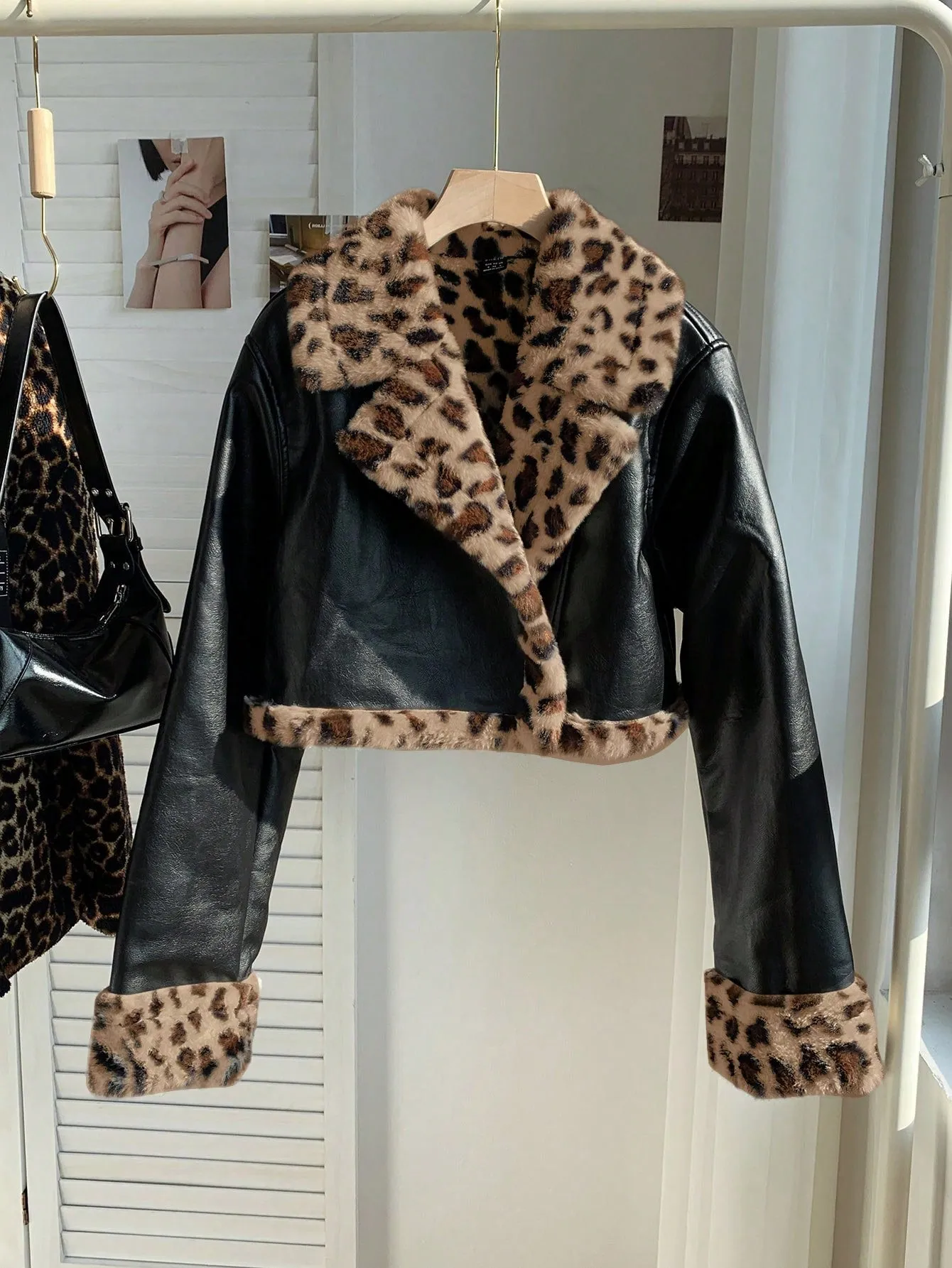 Women's Black PU Leather Crop Jacket with Teddy Lining and Zipper Pocket