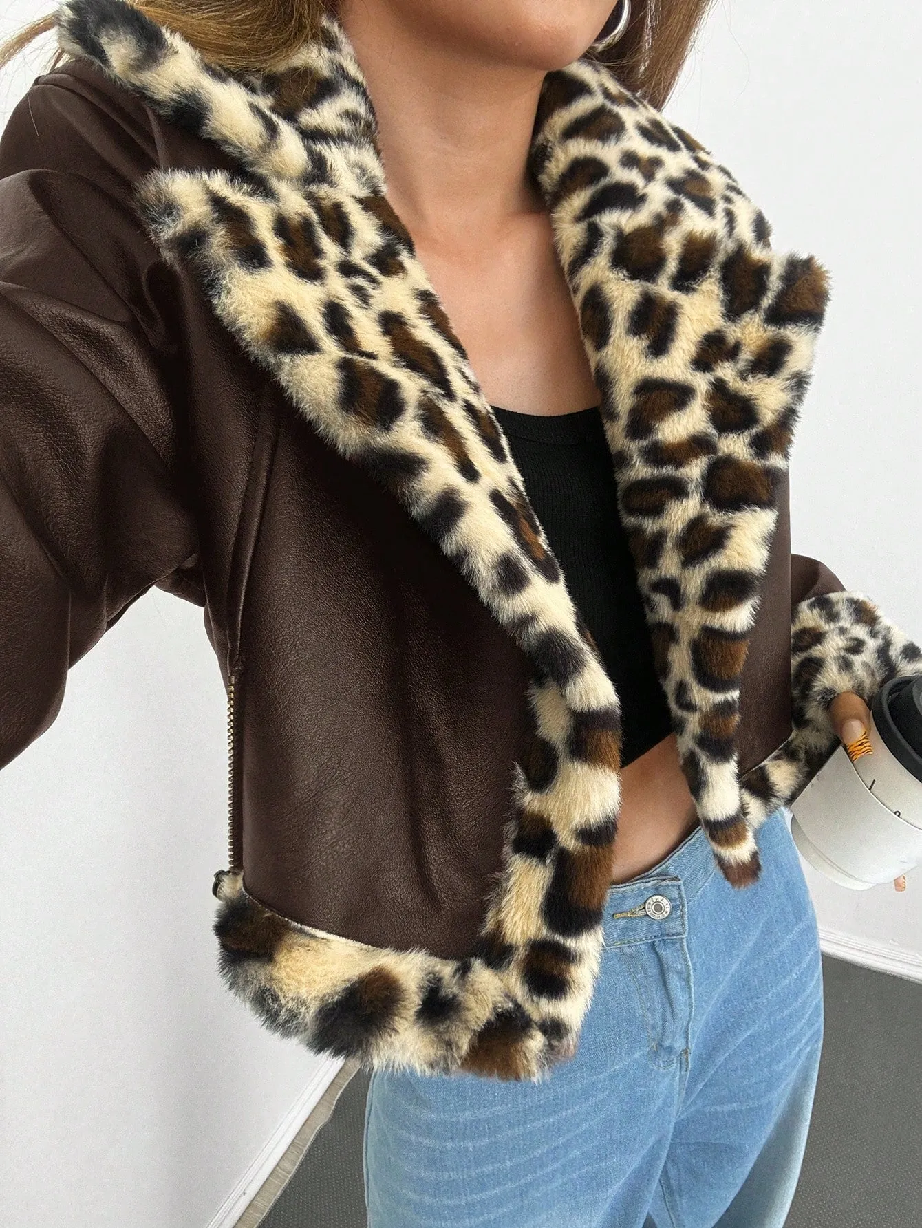 Women's Black PU Leather Crop Jacket with Teddy Lining and Zipper Pocket