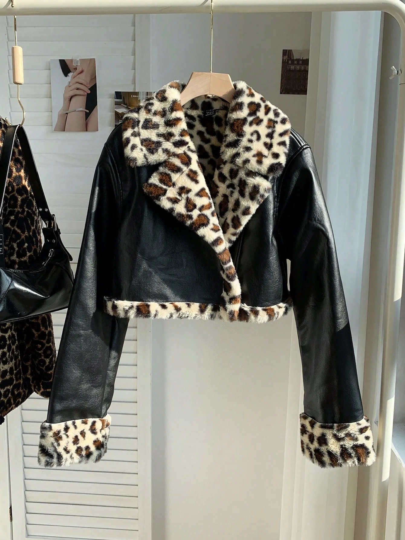 Women's Black PU Leather Crop Jacket with Teddy Lining and Zipper Pocket