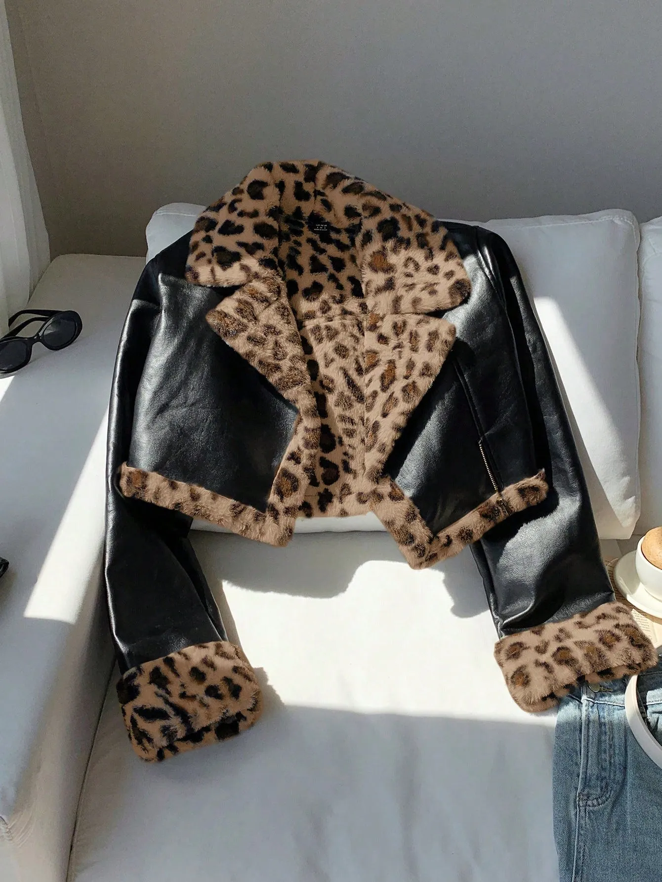 Women's Black PU Leather Crop Jacket with Teddy Lining and Zipper Pocket