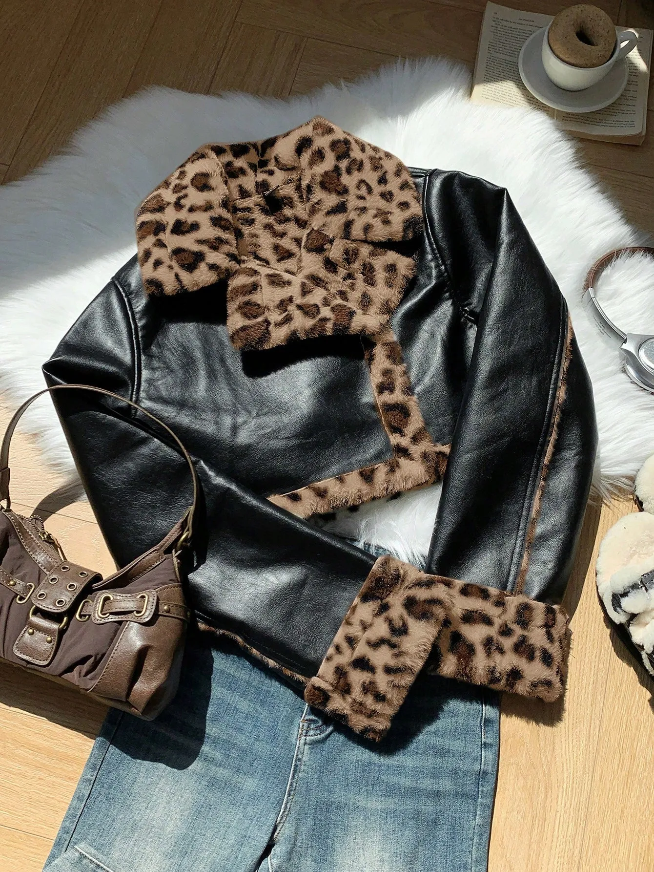 Women's Black PU Leather Crop Jacket with Teddy Lining and Zipper Pocket