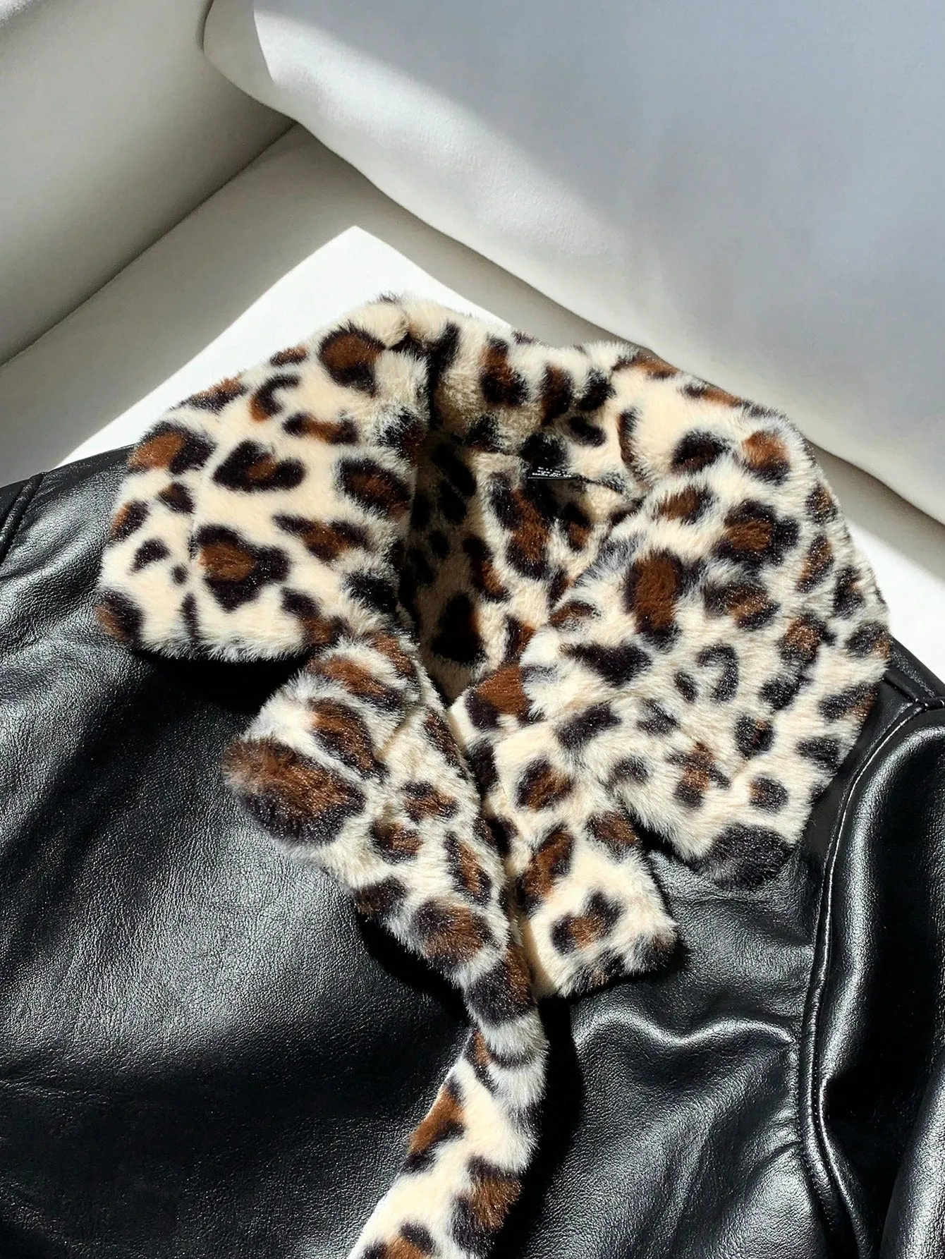 Women's Black PU Leather Crop Jacket with Teddy Lining and Zipper Pocket