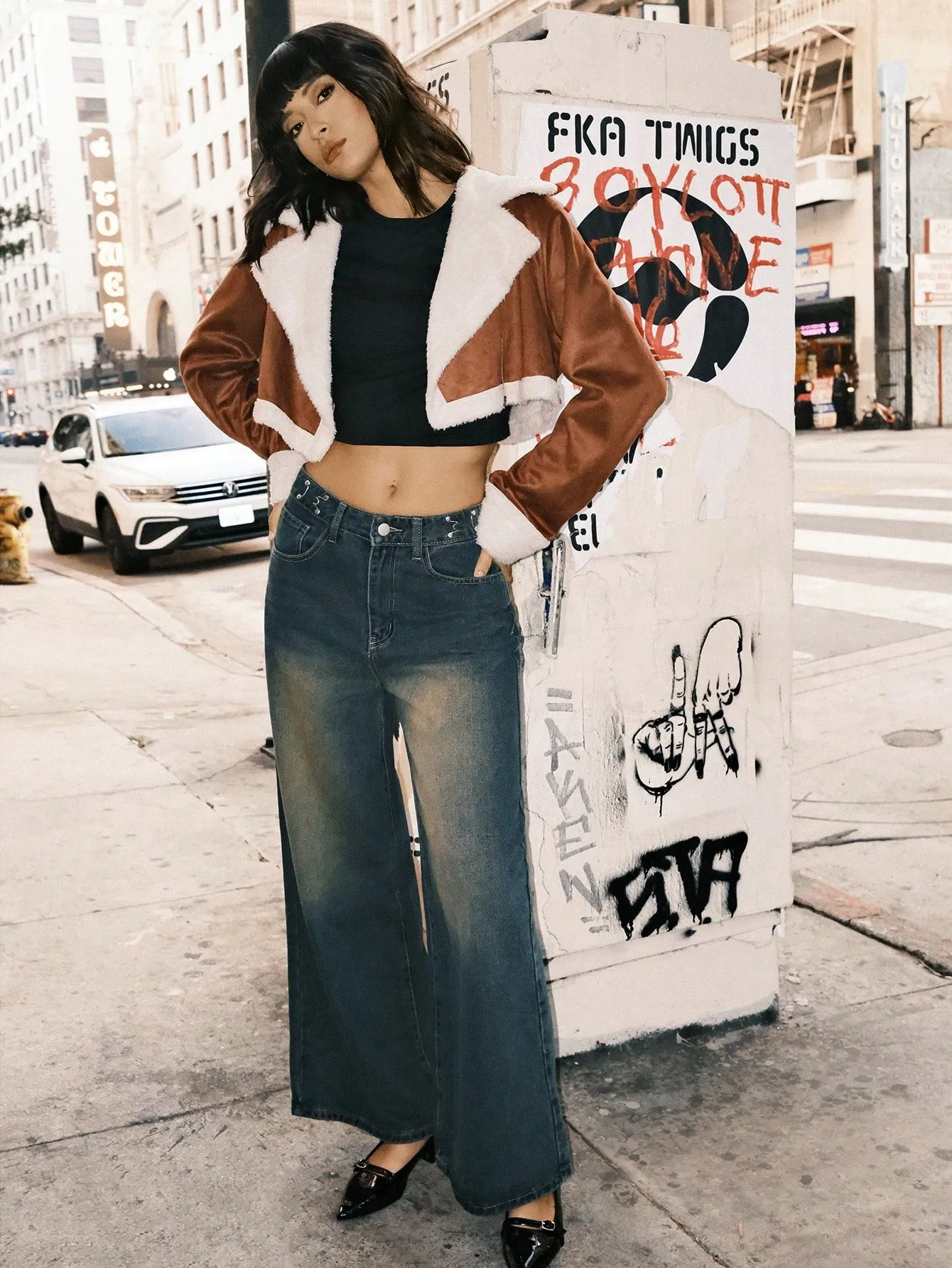 Women's Black PU Leather Crop Jacket with Teddy Lining and Zipper Pocket