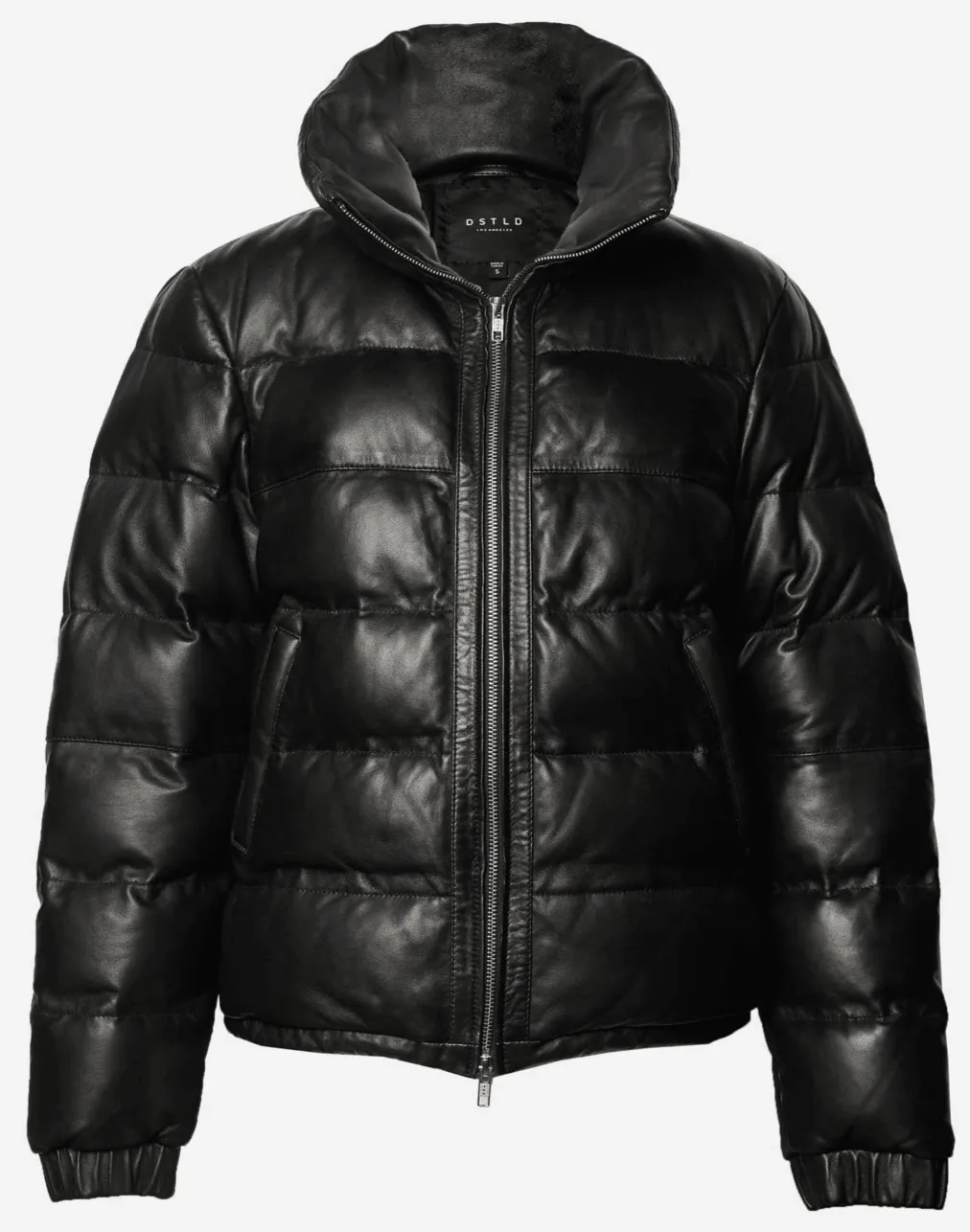 Womens Leather Puffer Jacket In Black
