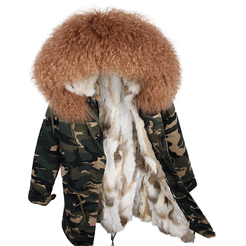 Women's Winter Casual Long Hooded Thick Parka With Sheep Fur