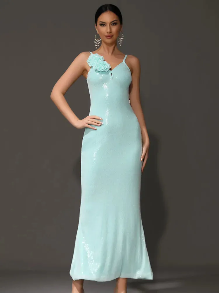 Zoey Flower Sequin Gown Dress