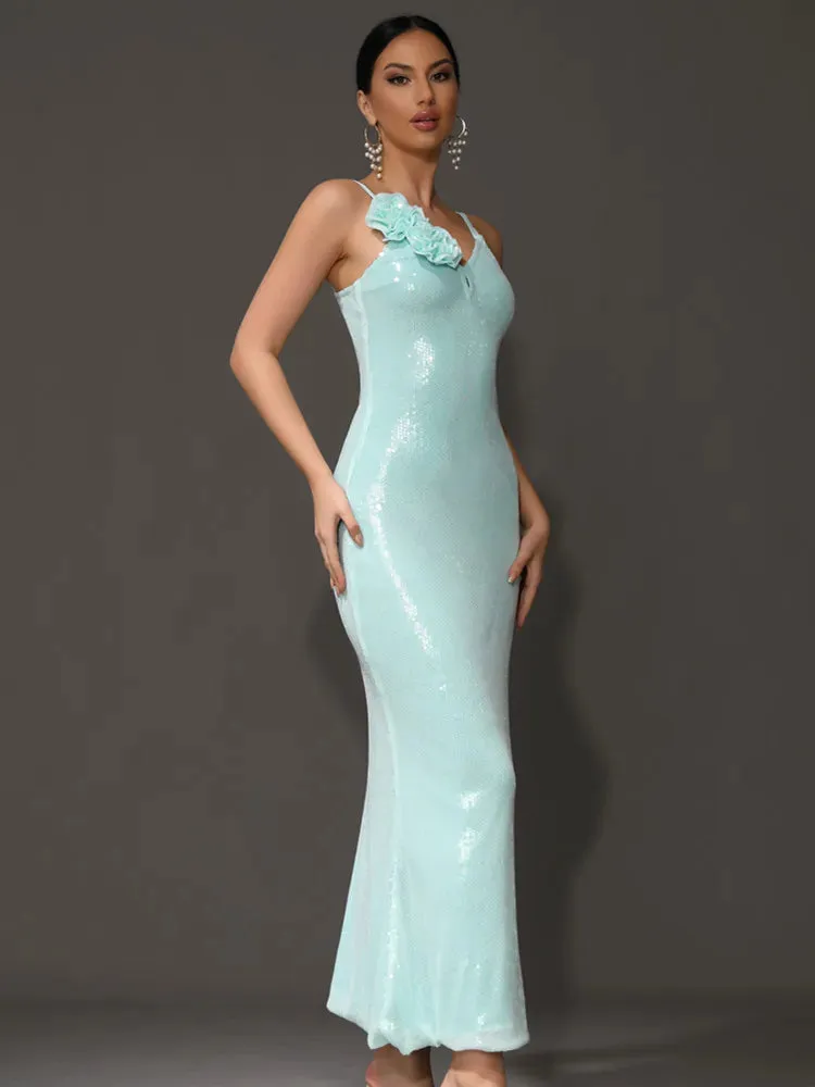 Zoey Flower Sequin Gown Dress