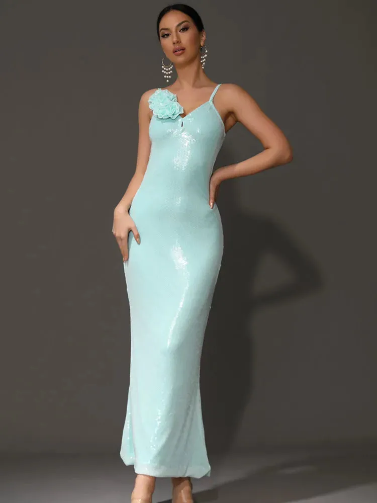 Zoey Flower Sequin Gown Dress